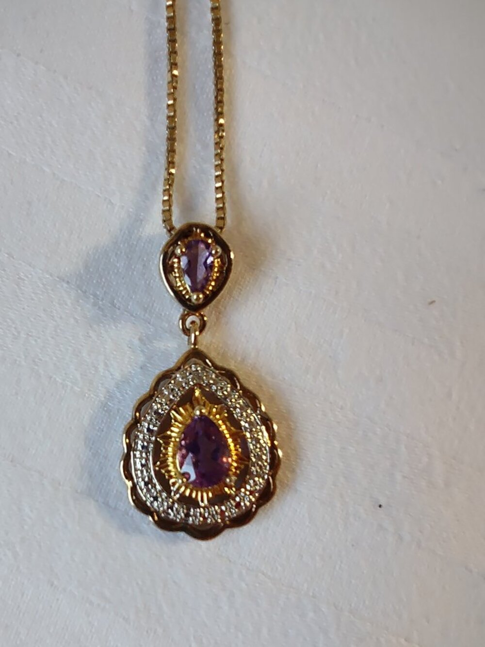 Necklace-2 Amethyst Stones Pendant- + 17.5" Box Chain - Sterling Silver 925 - Picture 11 of 14
